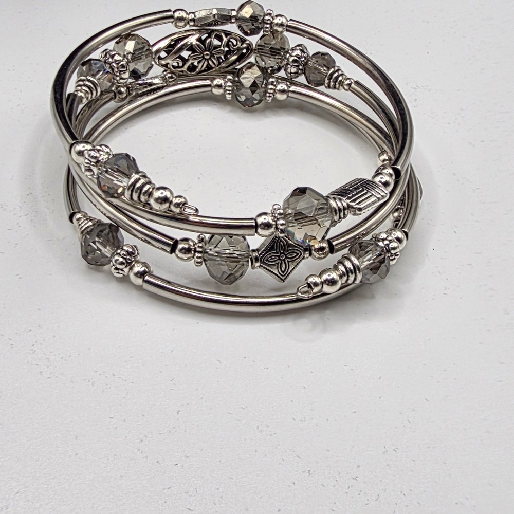 Silver Tone Layered Coil Wrap Bracelet Smoky Grey Crystal Boho Beaded